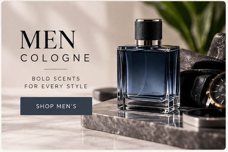 Men's cologne collection with navy fragrance bottle and watch