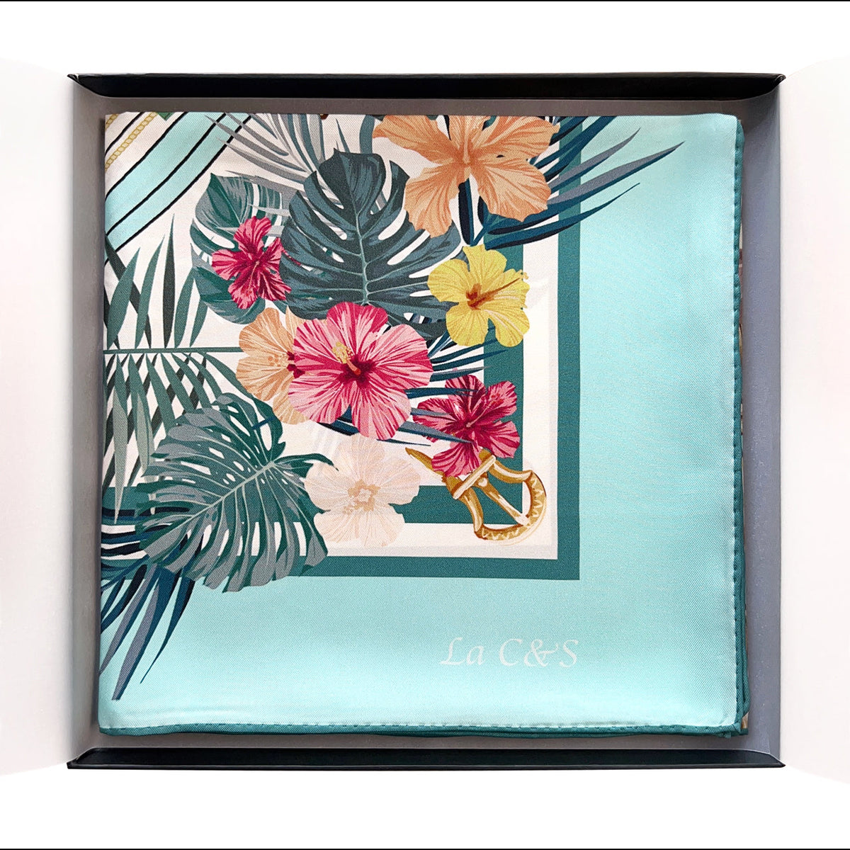 36x36" Hand-rolled Hem Silk Twill Scarf, Double-Sided Print, Turquoise