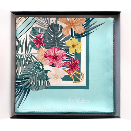 36x36" Hand-rolled Hem Silk Twill Scarf, Double-Sided Print, Turquoise