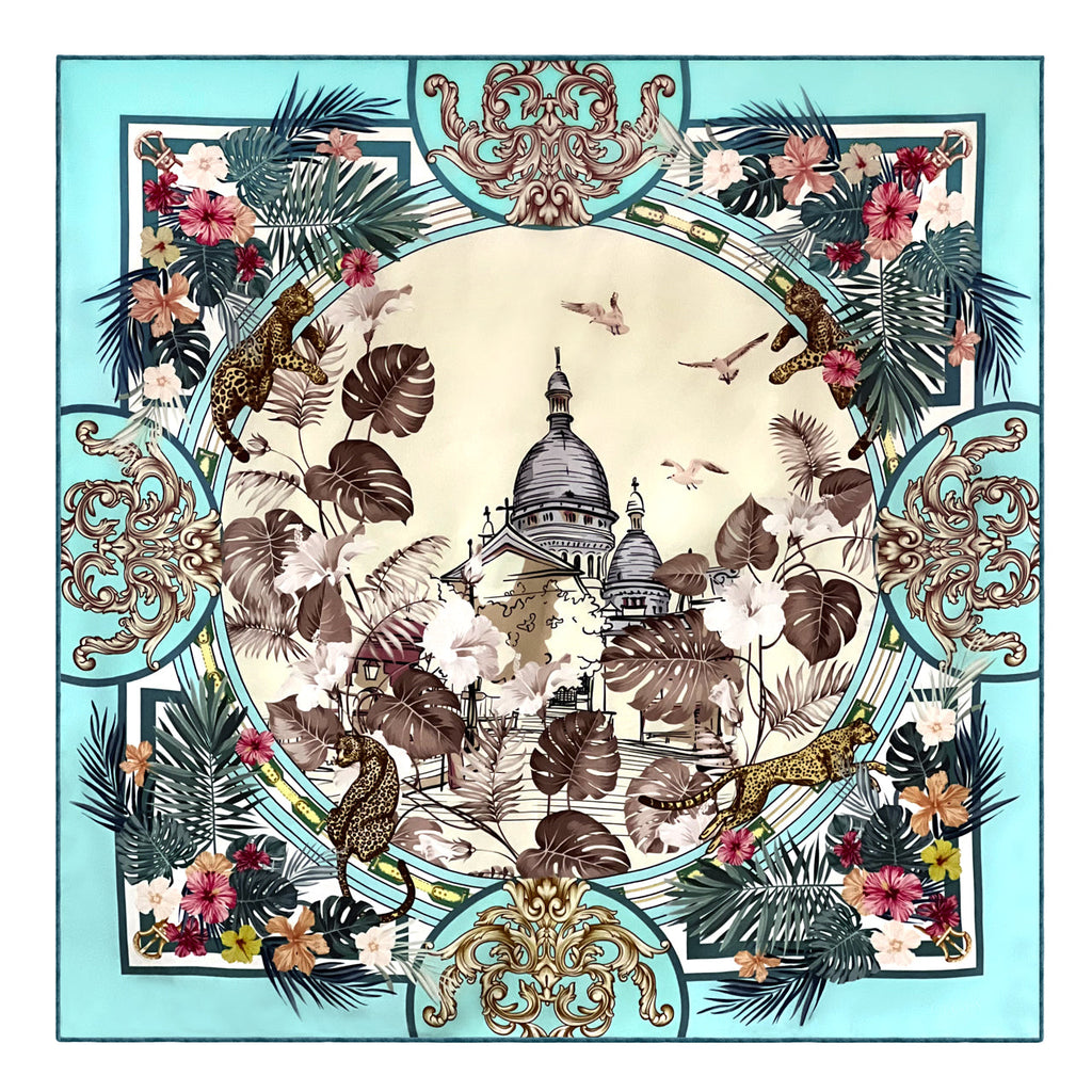 36x36" Hand-rolled Hem Silk Twill Scarf, Double-Sided Print, Turquoise