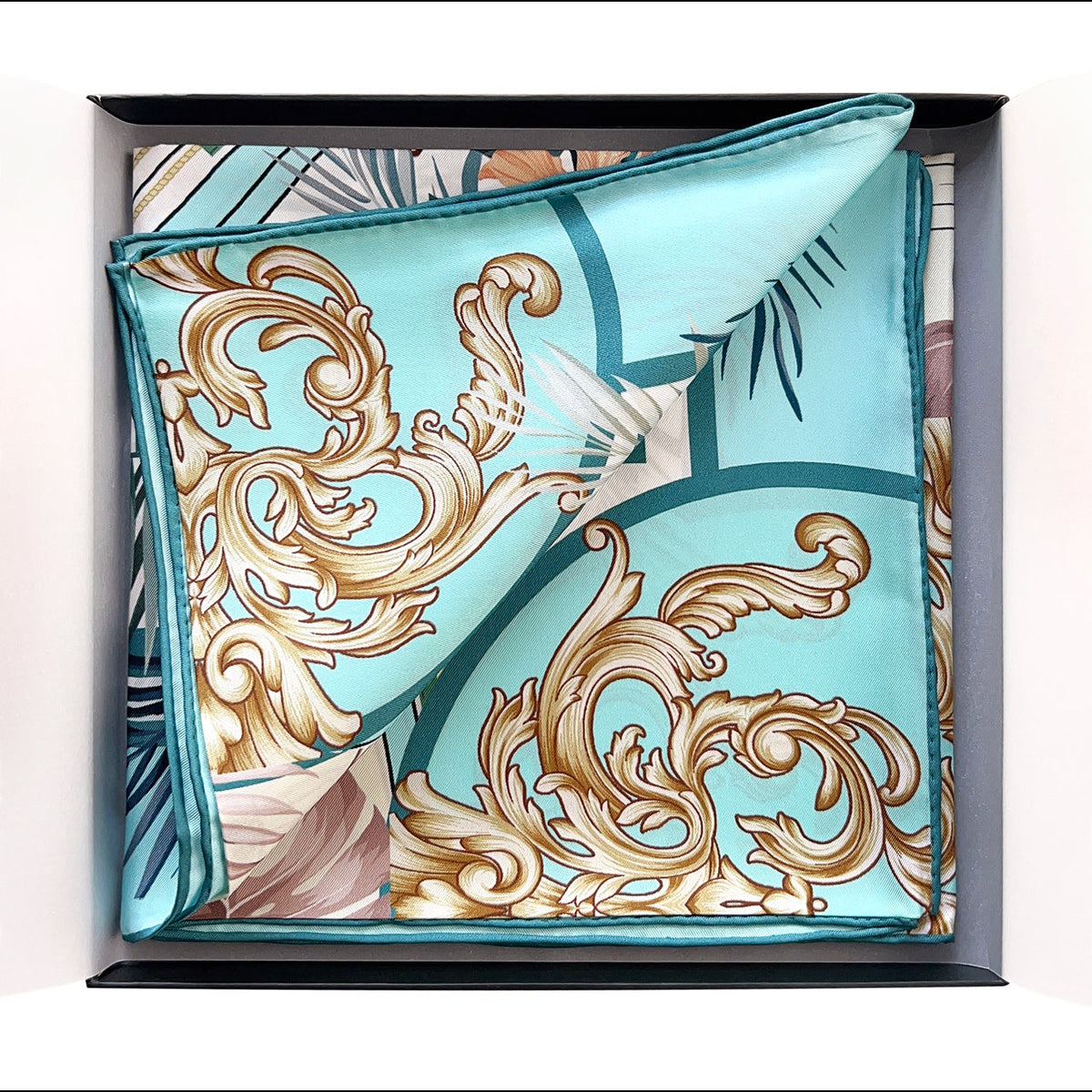 36x36" Hand-rolled Hem Silk Twill Scarf, Double-Sided Print, Turquoise