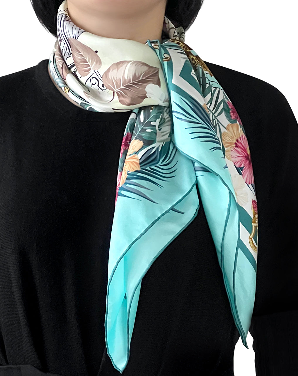 36x36" Hand-rolled Hem Silk Twill Scarf, Double-Sided Print, Turquoise